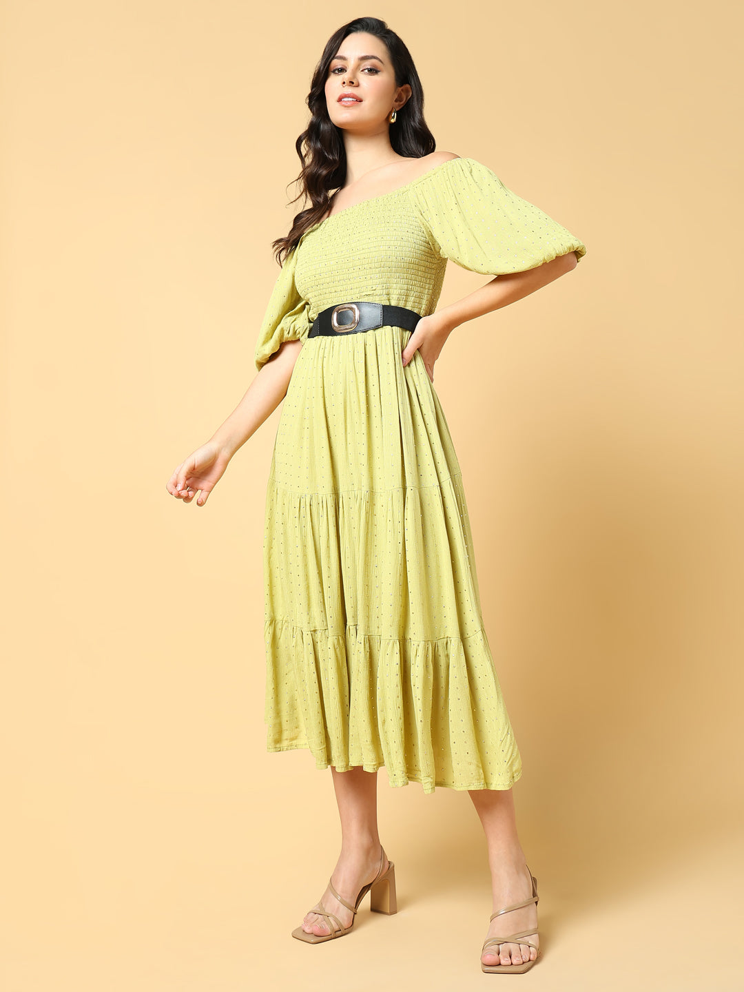 Women Solid Green Fit and Flare Dress with Belt