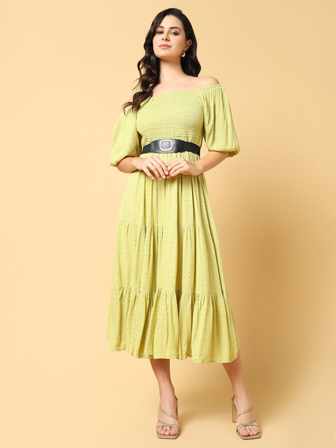 Women Solid Green Fit and Flare Dress with Belt