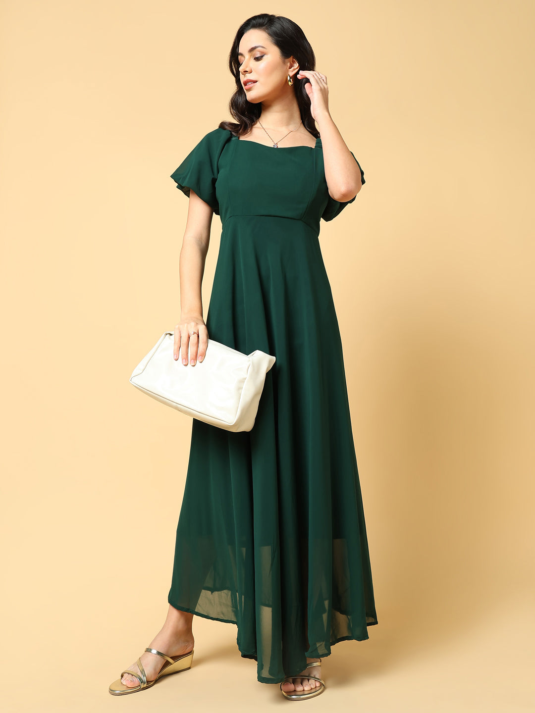 Women Solid Green Fit and Flare Dress