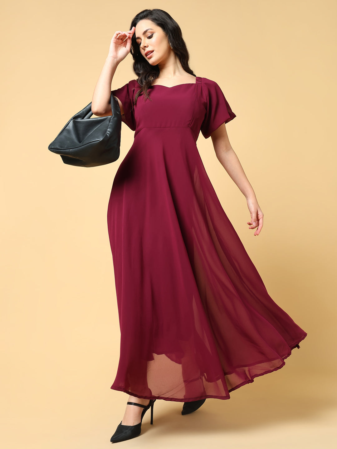 Women Solid Red Fit and Flare Dress