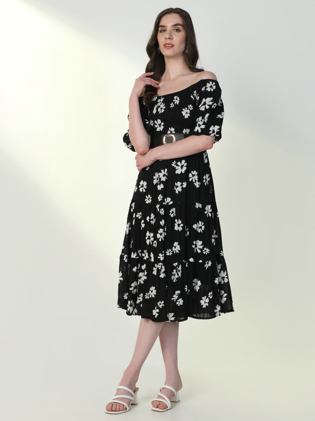 Women Floral Black Flared Dress with Belt