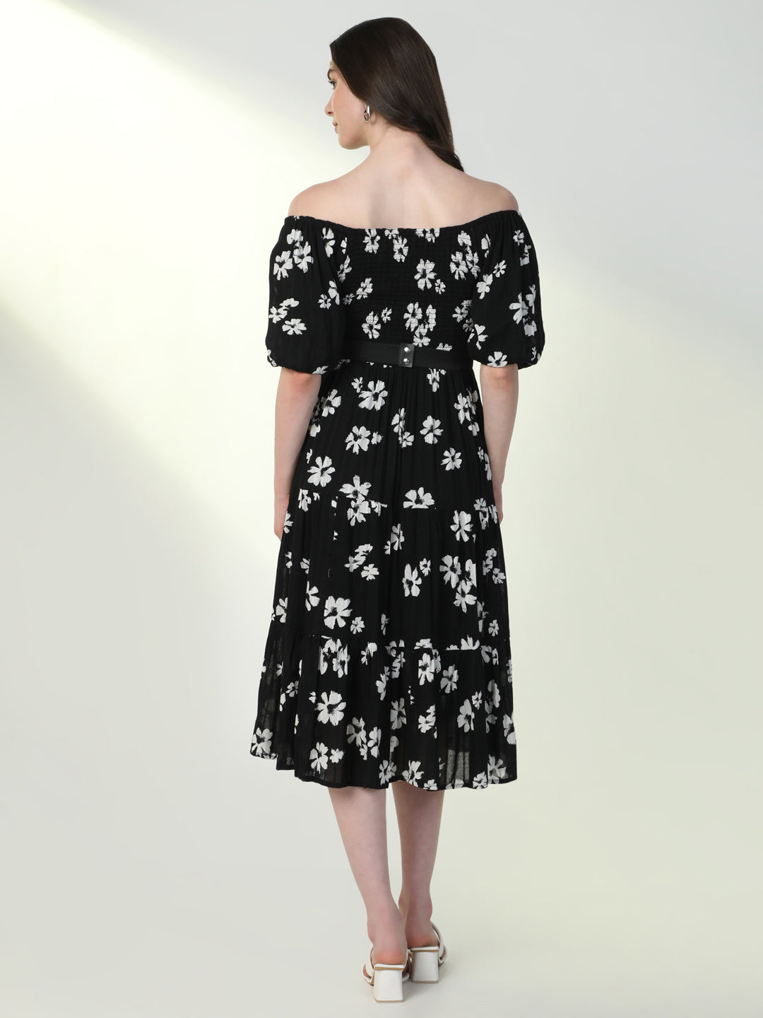 Women Floral Black Flared Dress with Belt