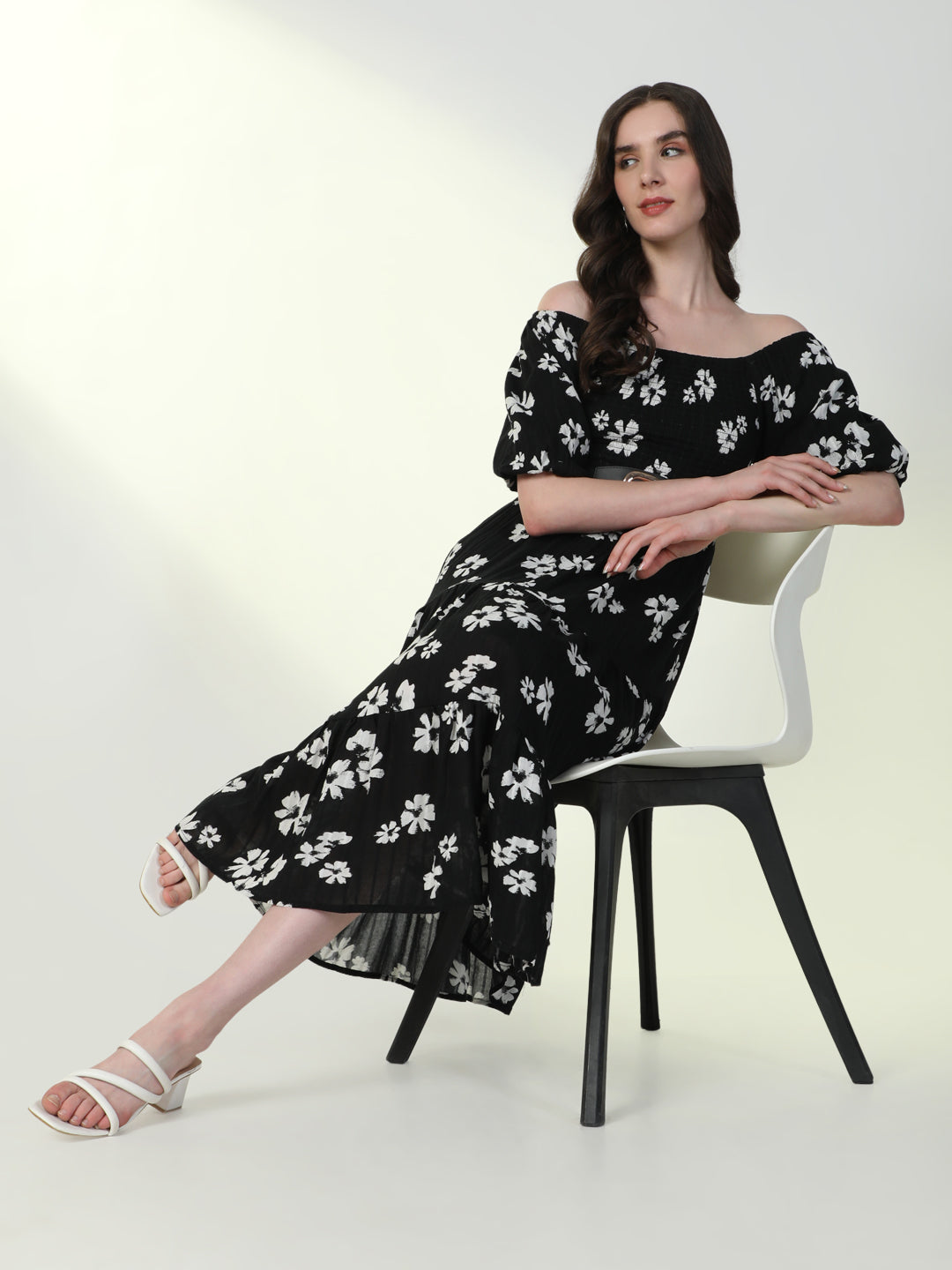 Women Floral Black Flared Dress with Belt