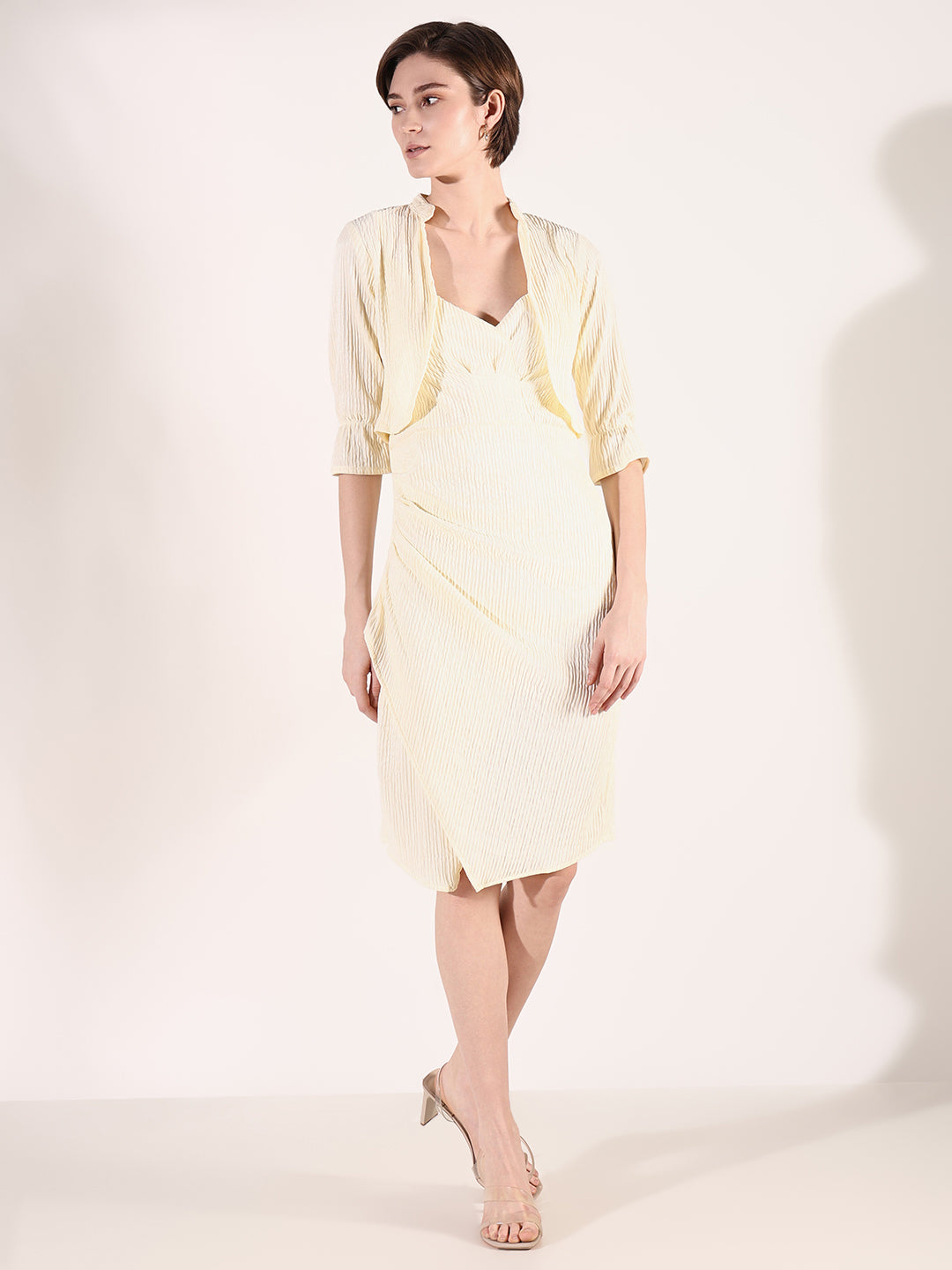 Women Cream Solid A Line Dress with Overcoat