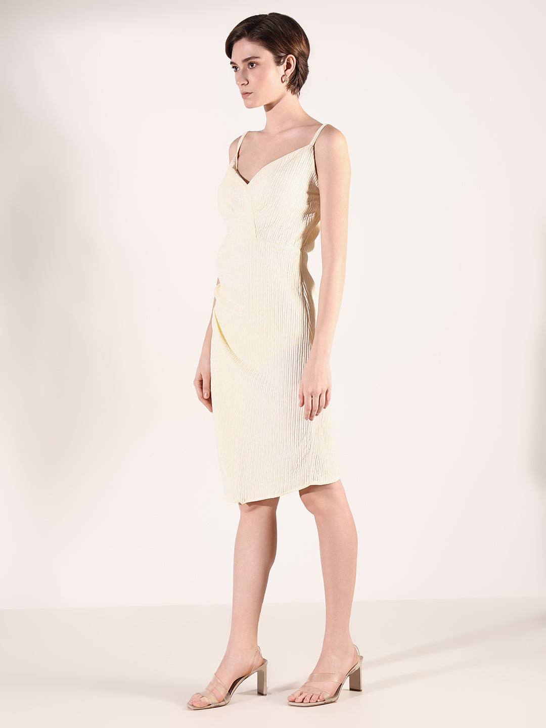 Women Cream Solid A Line Dress with Overcoat