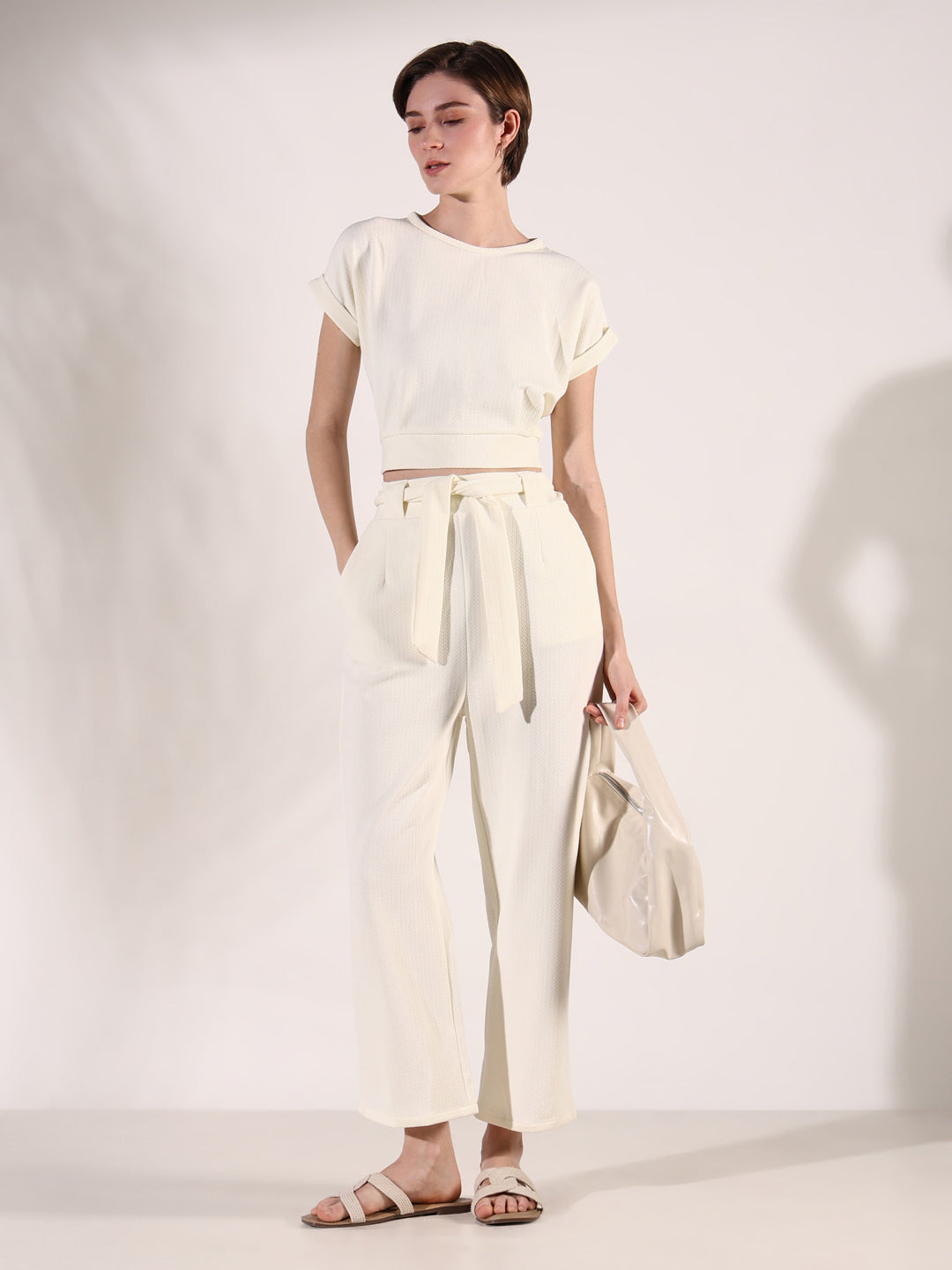 Women Solid Off White Co Ords Set