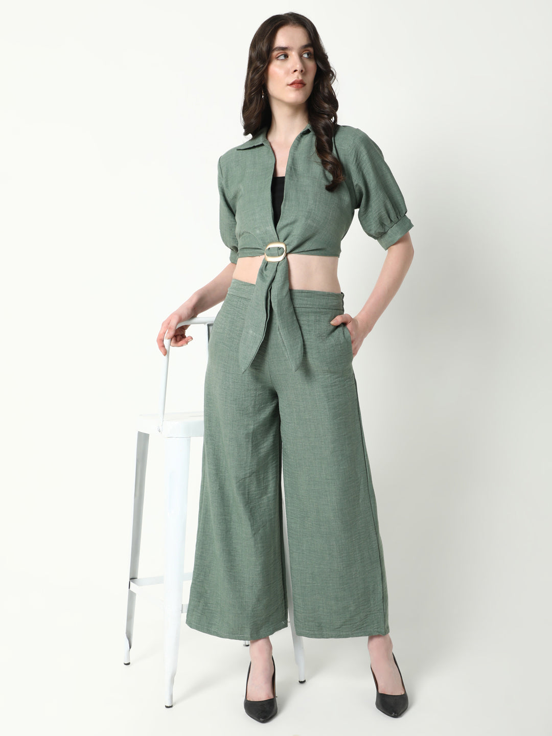 Women Green Solid Co Ords Set with Tube Top