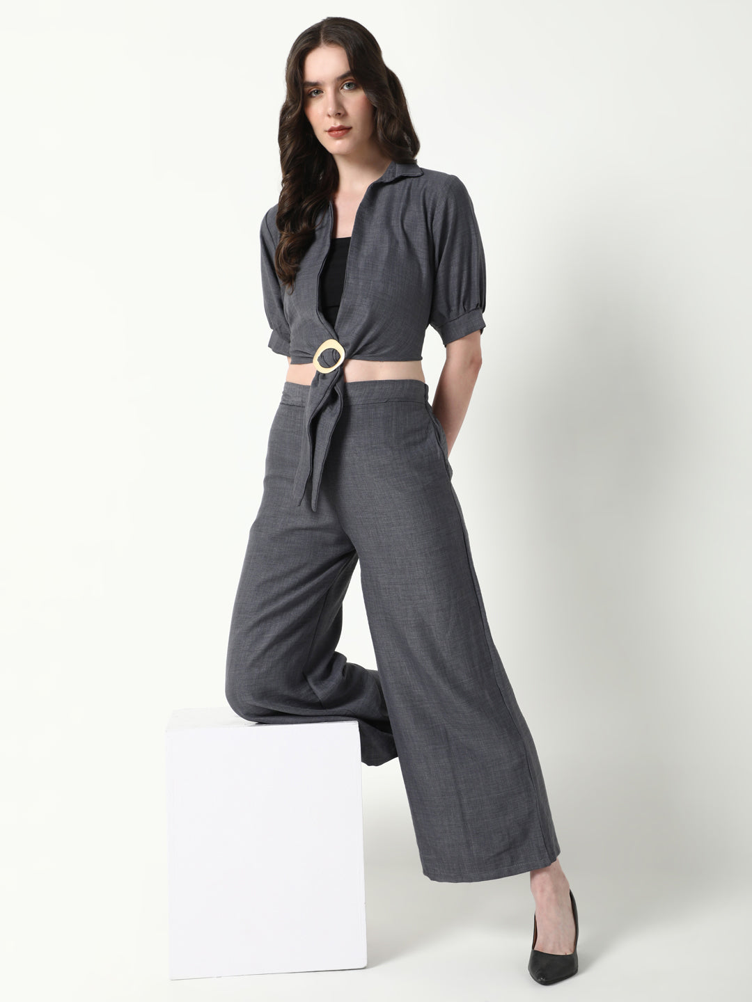 Women Grey Solid Co Ords Set with Tube Top