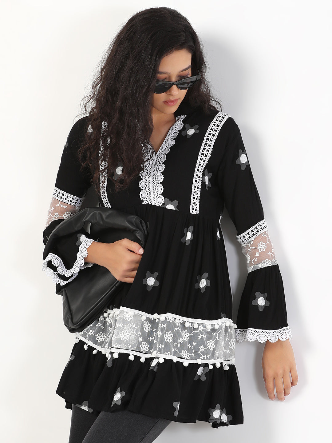 Women Printed Black Longline Top