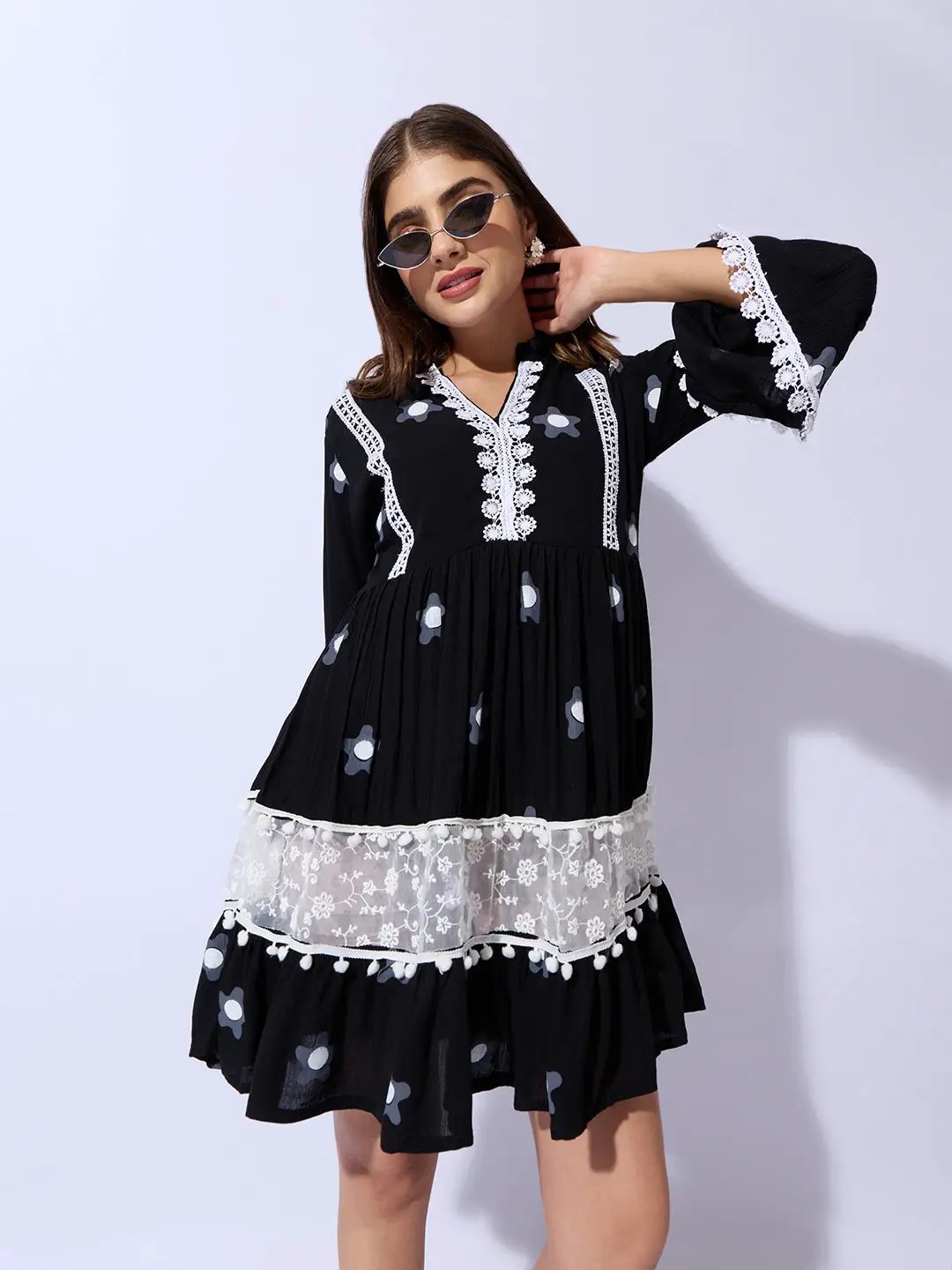Women's Printed Black Longline Top