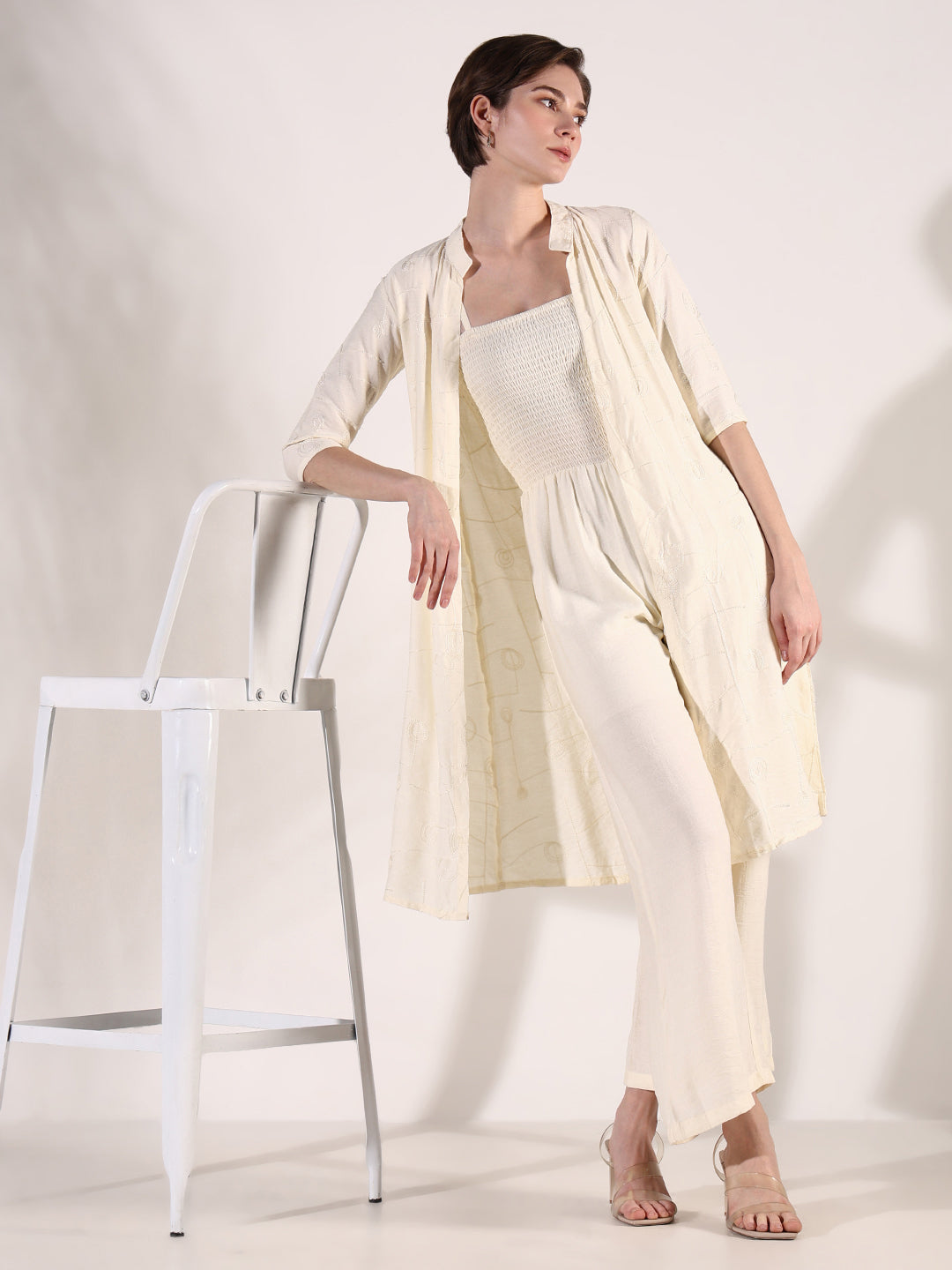 Women Solid Cream Jumpsuit with Shrug