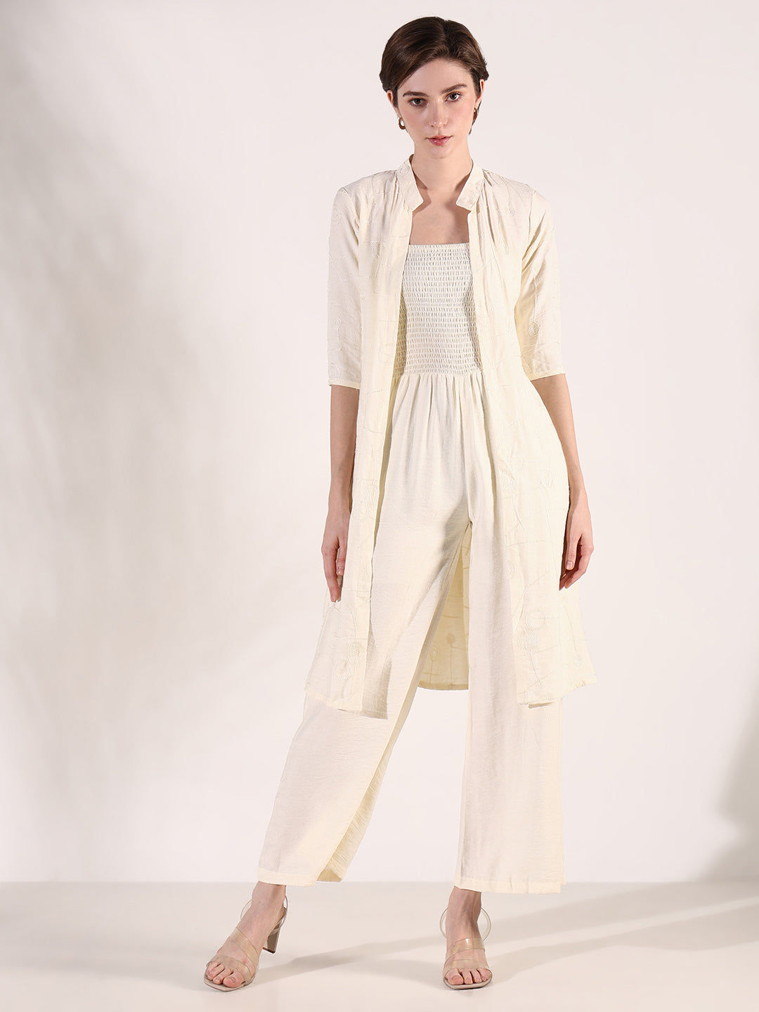 Women Solid Cream Jumpsuit with Shrug