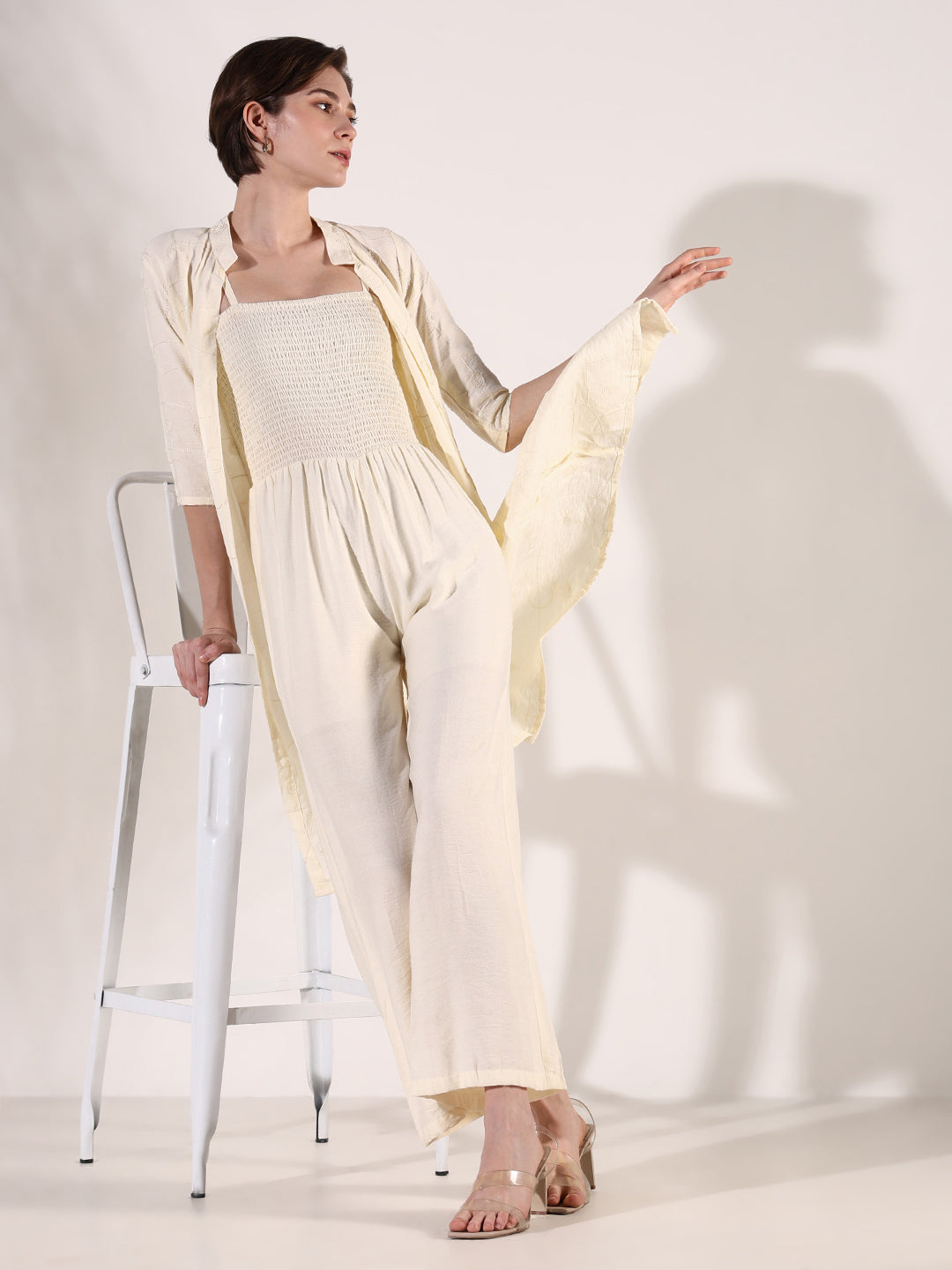 Women Solid Cream Jumpsuit with Shrug