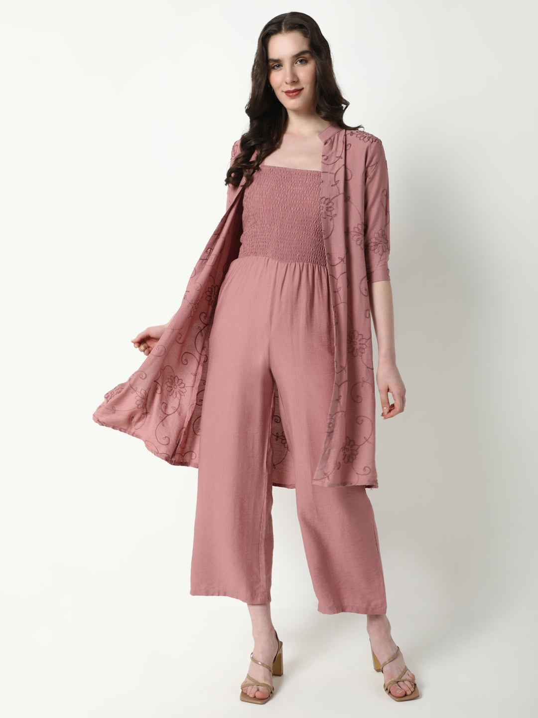 Women Mauve Solid Jumpsuit with Shrug