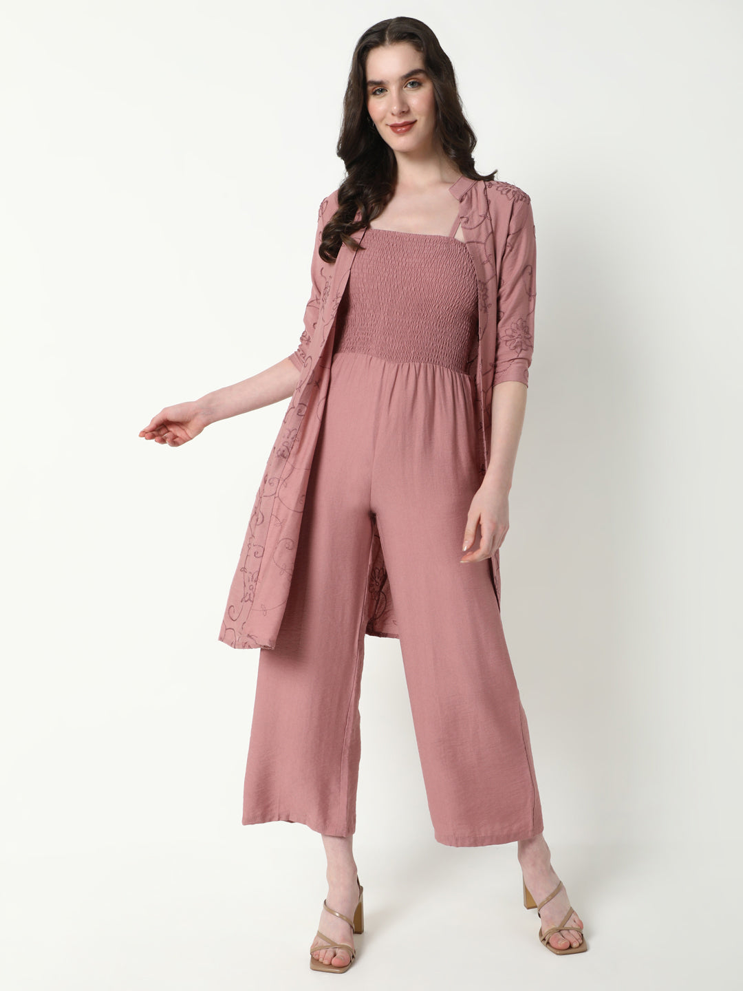 Women Mauve Solid Jumpsuit with Shrug