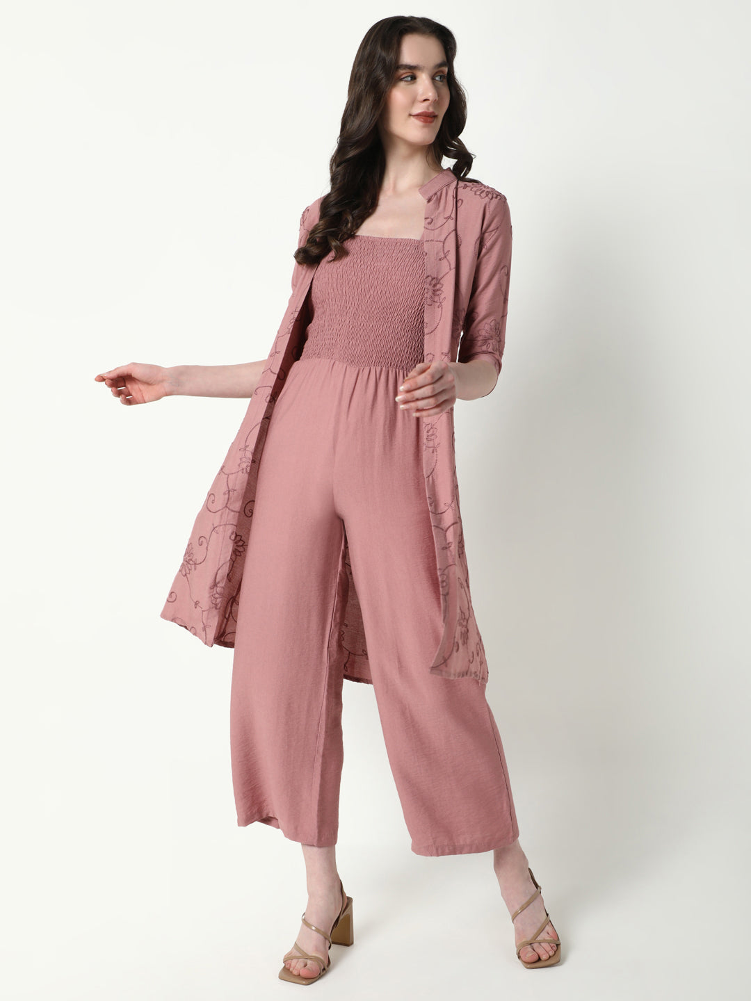 Women Mauve Solid Jumpsuit with Shrug