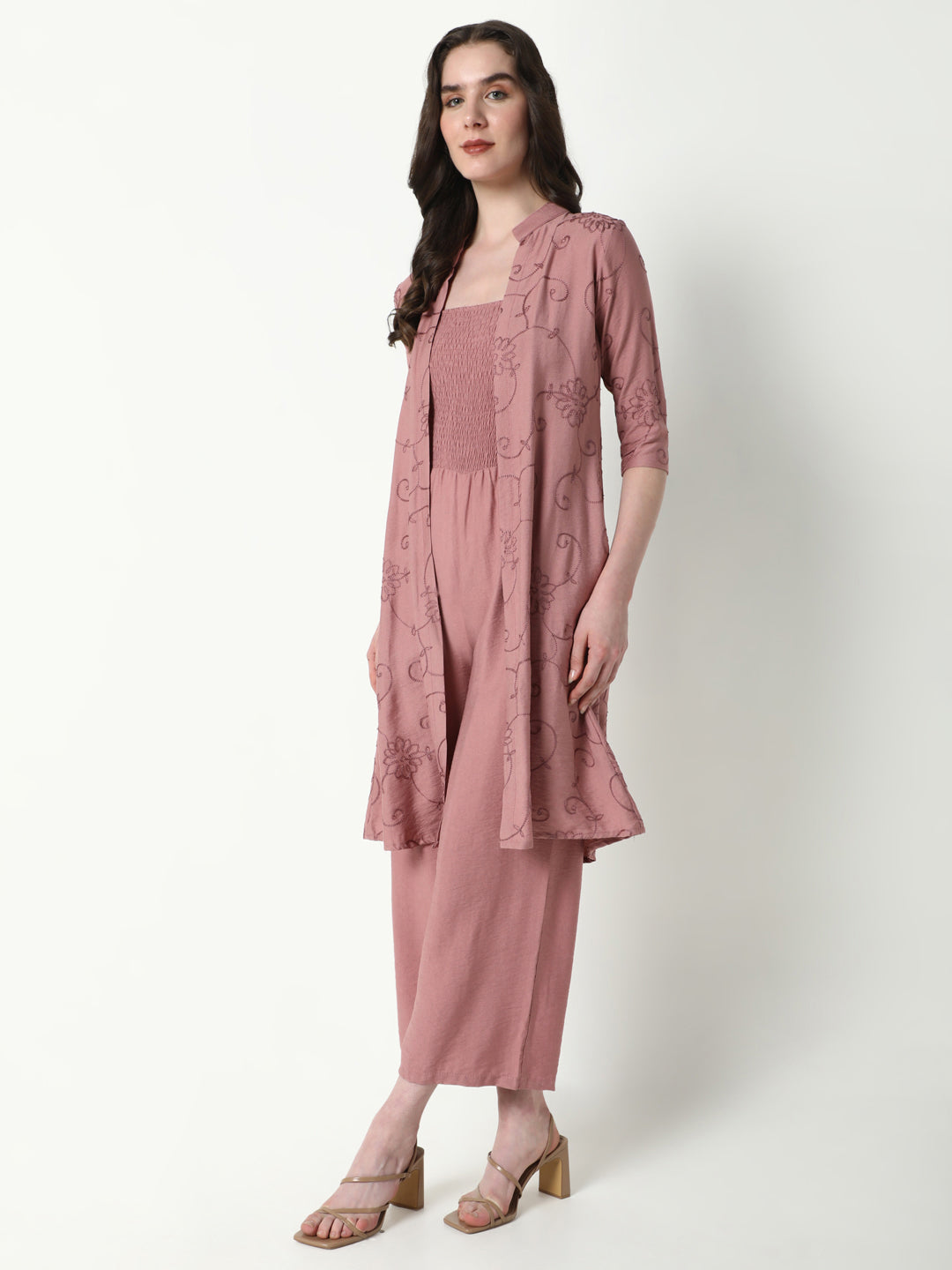 Women Mauve Solid Jumpsuit with Shrug