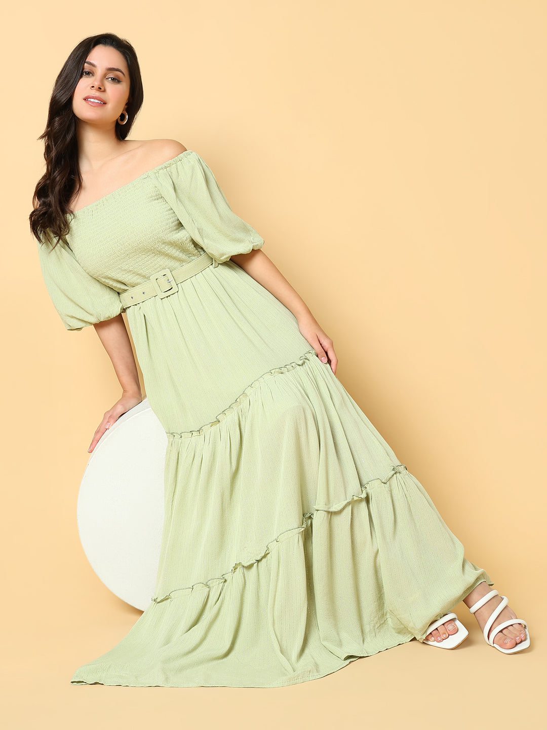 Women Solid Green Fit and Flare Dress with Belt