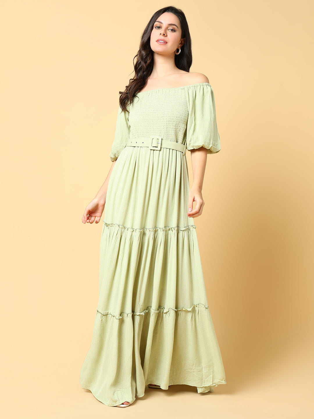 Women Solid Green Fit and Flare Dress with Belt