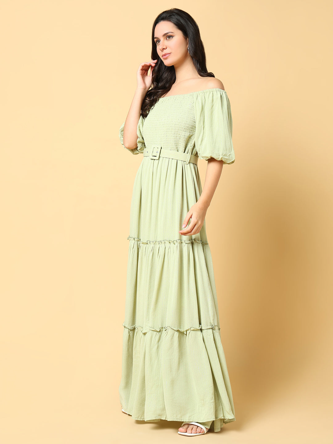 Women Solid Green Fit and Flare Dress with Belt