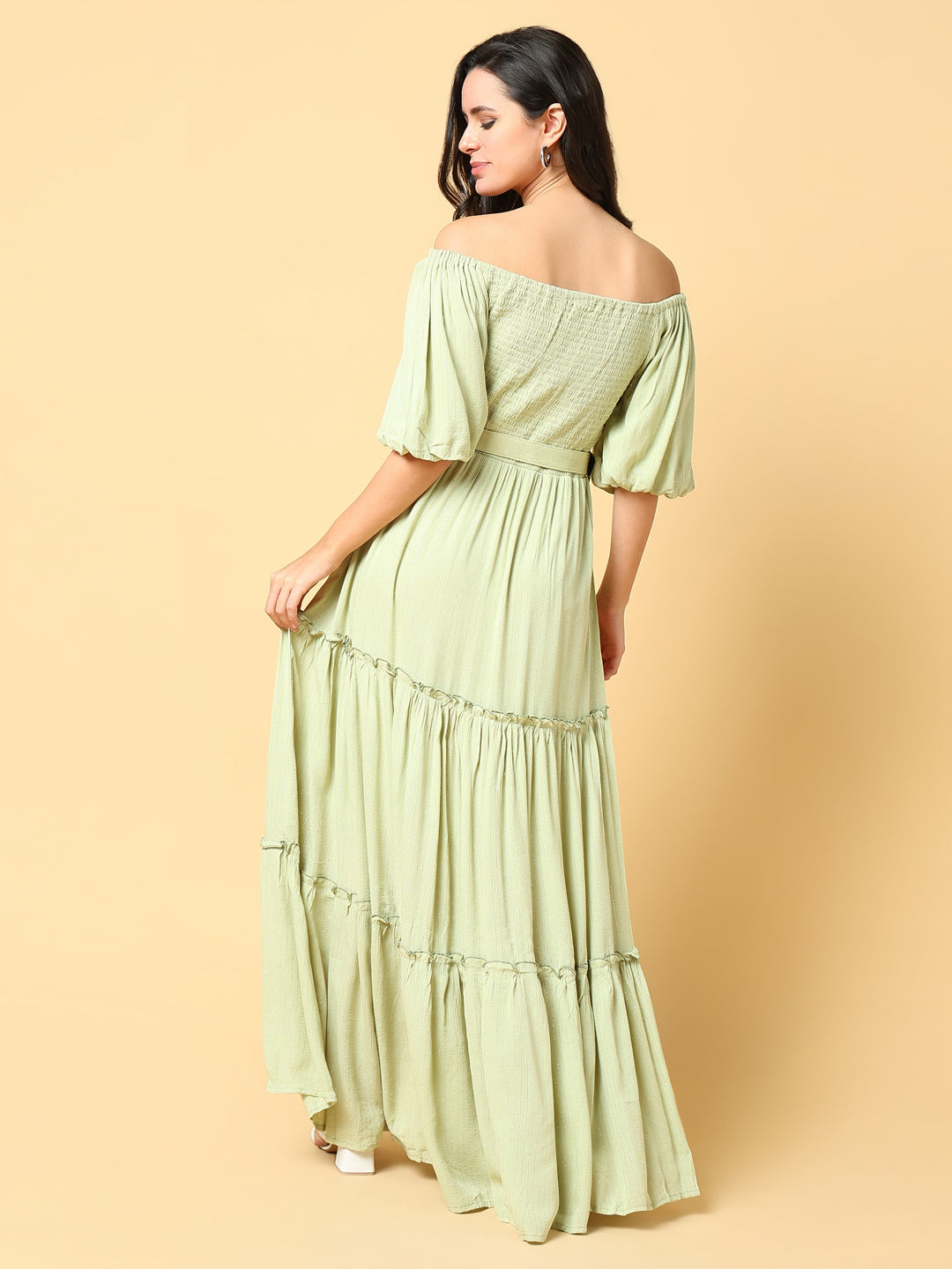 Women Solid Green Fit and Flare Dress with Belt