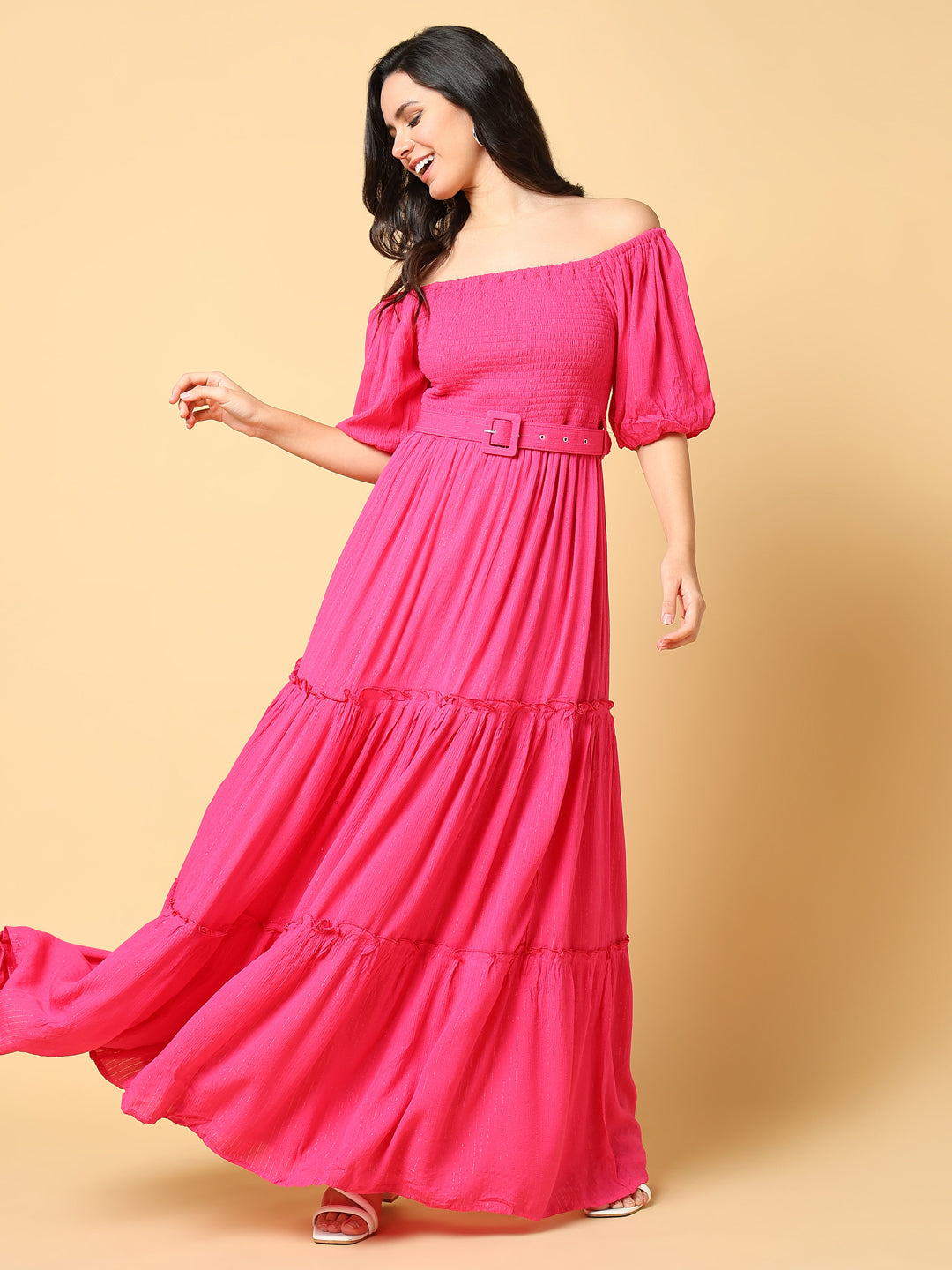 Women Solid Pink Fit and Flare Dress with Belt