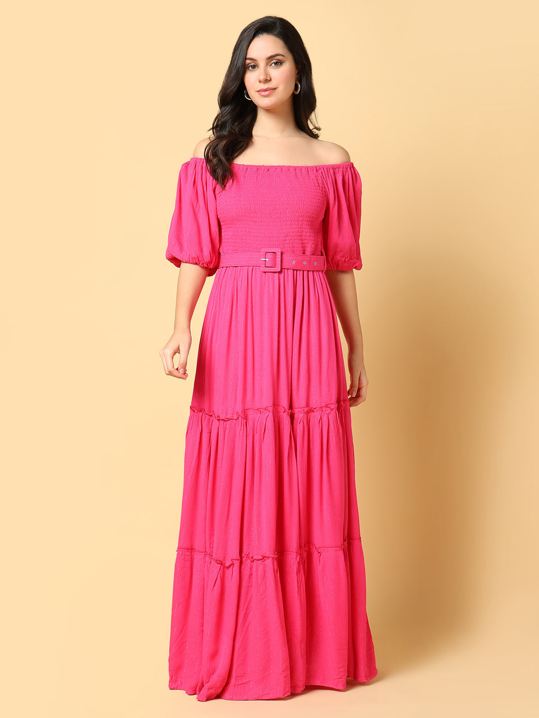 Women Solid Pink Fit and Flare Dress with Belt