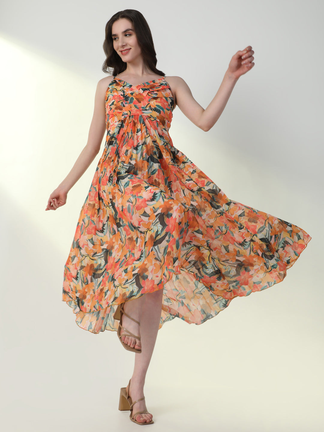 Women Floral Orange Flared Dress