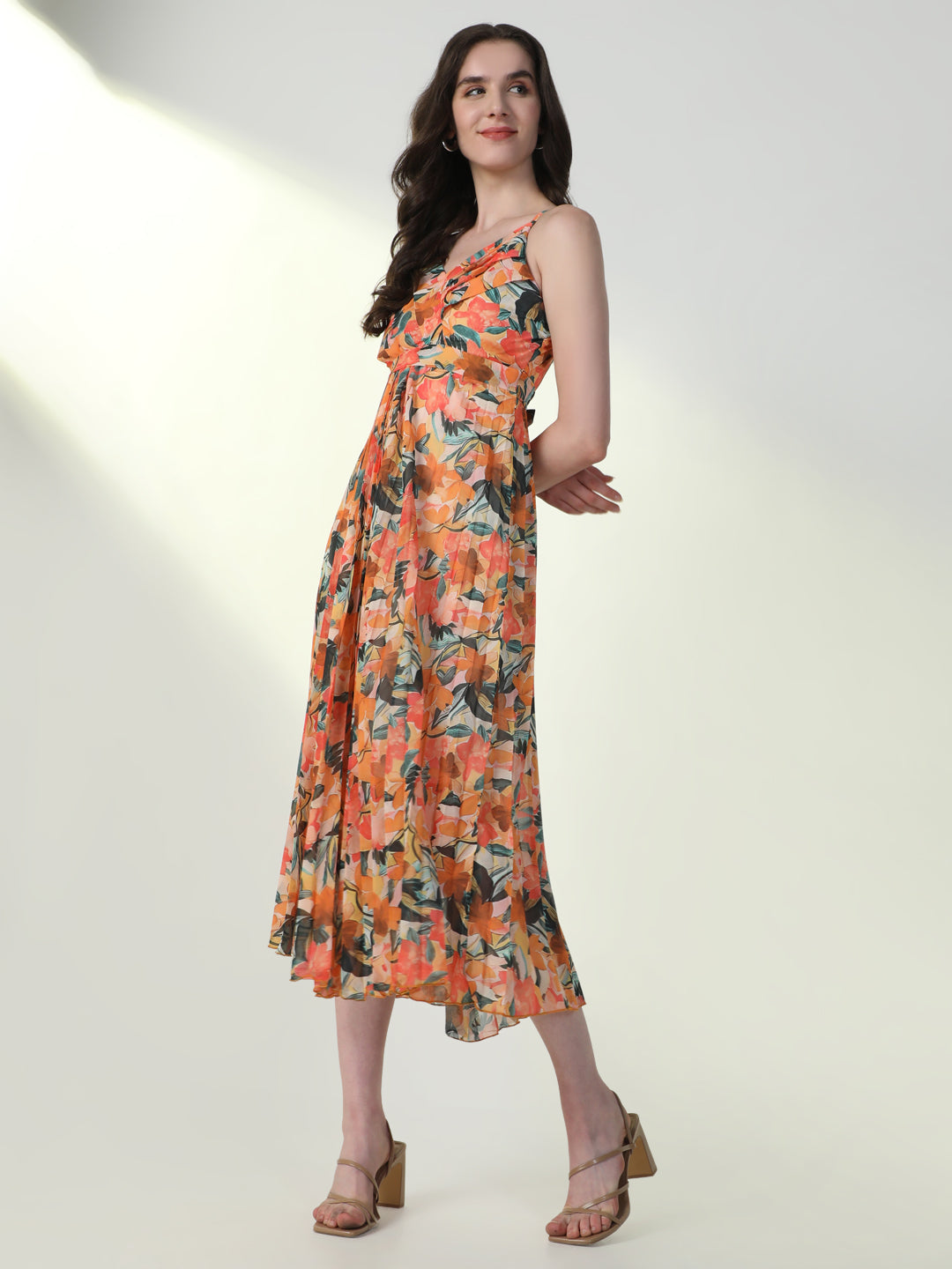 Women Floral Orange Flared Dress