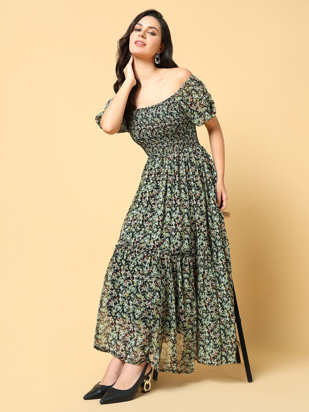 Women Printed Green Fit and Flare Dress