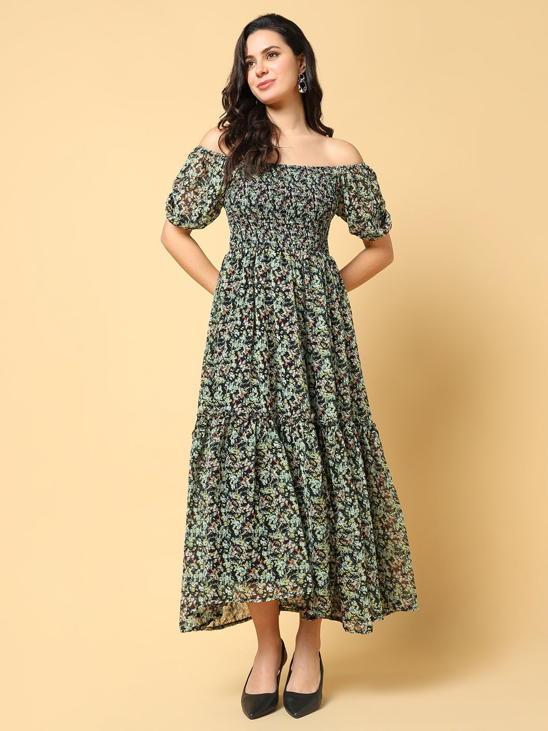 Women Printed Green Fit and Flare Dress