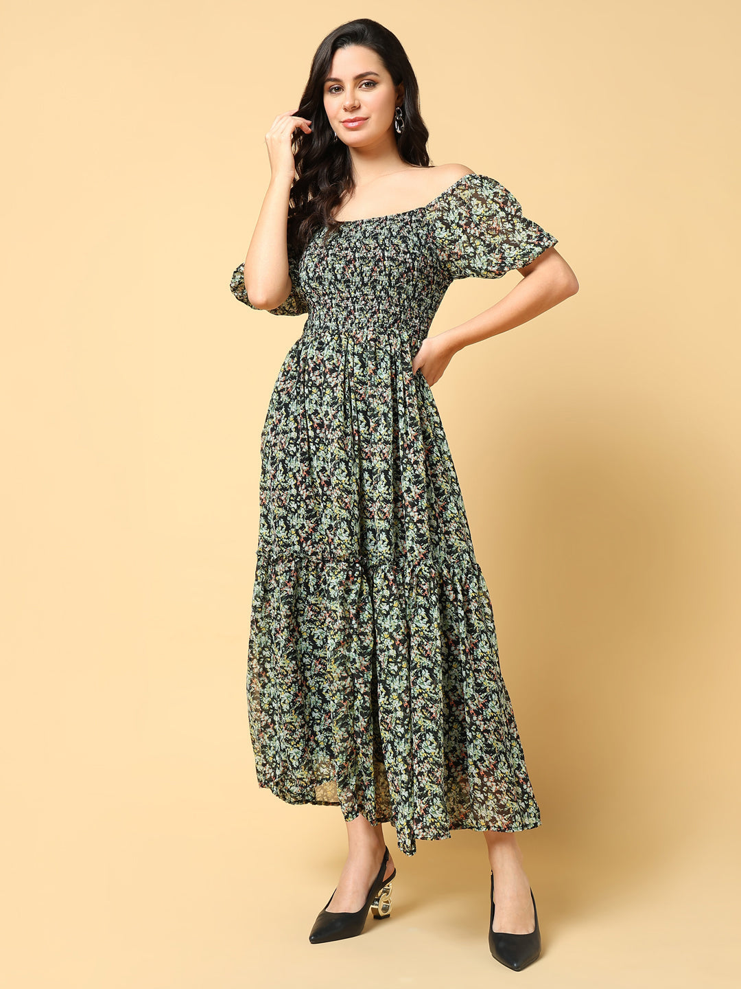 Women Printed Green Fit and Flare Dress