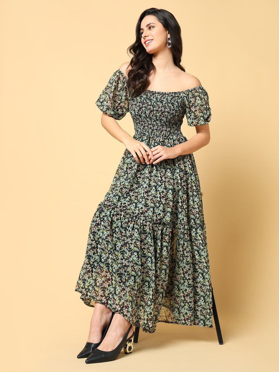 Women Printed Green Fit and Flare Dress