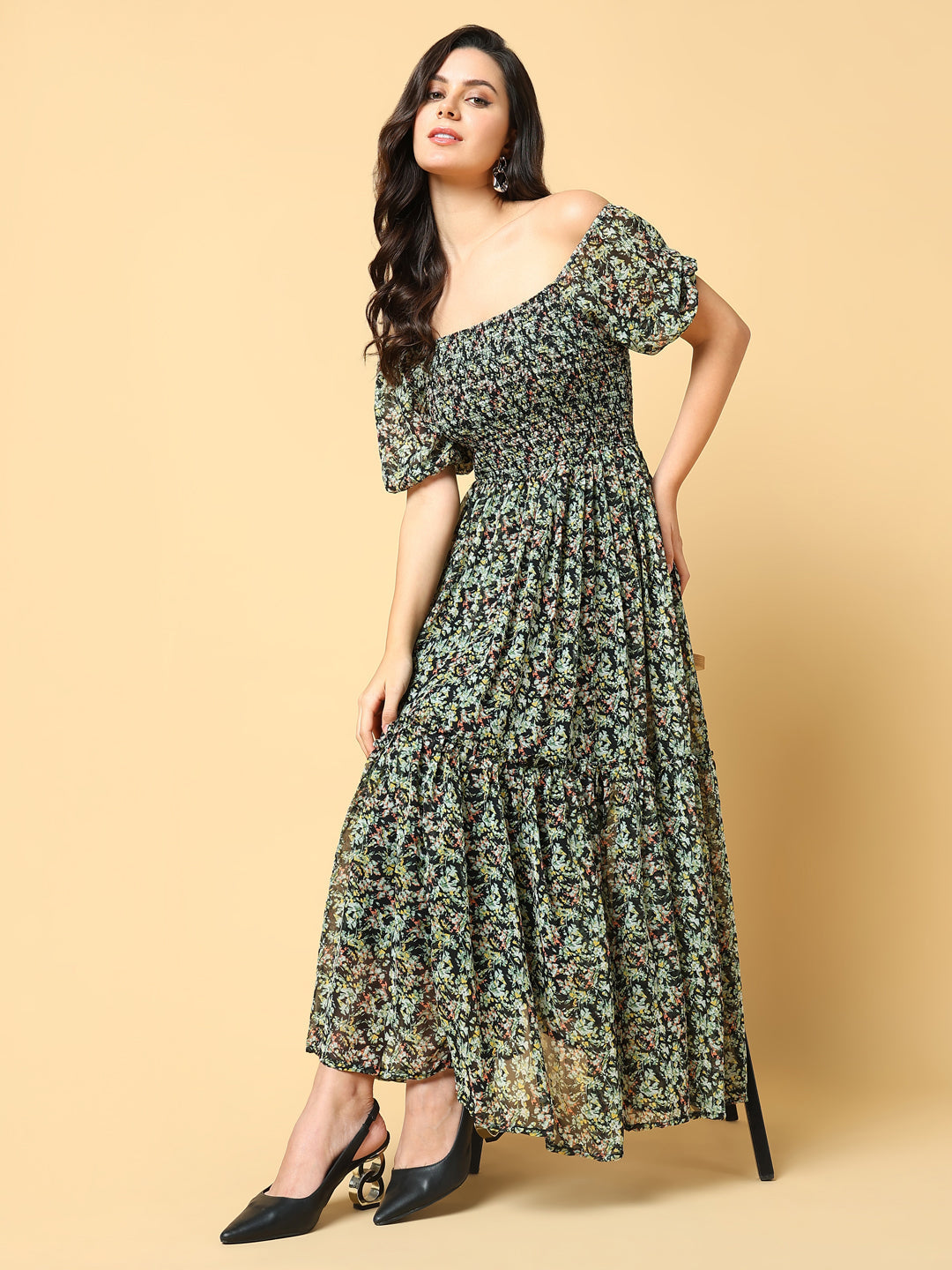 Women Printed Green Fit and Flare Dress