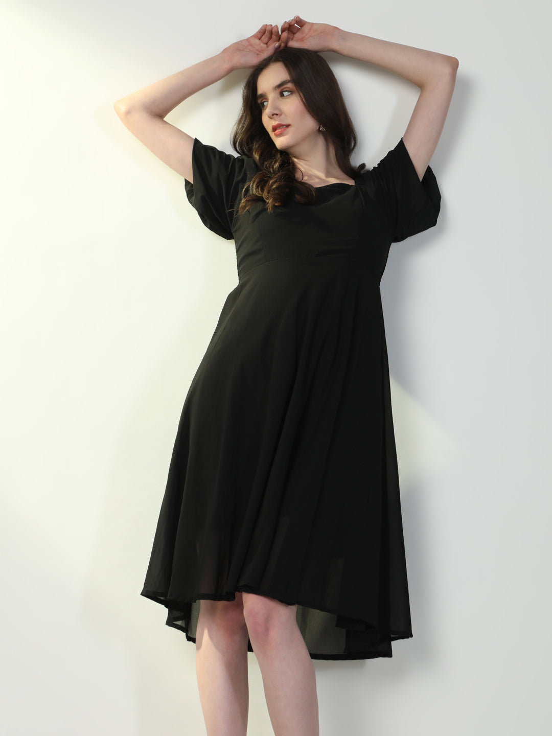 Women Solid Black Flared Dress