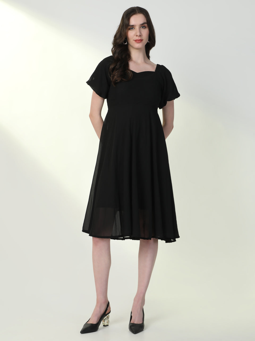 Women Solid Black Flared Dress