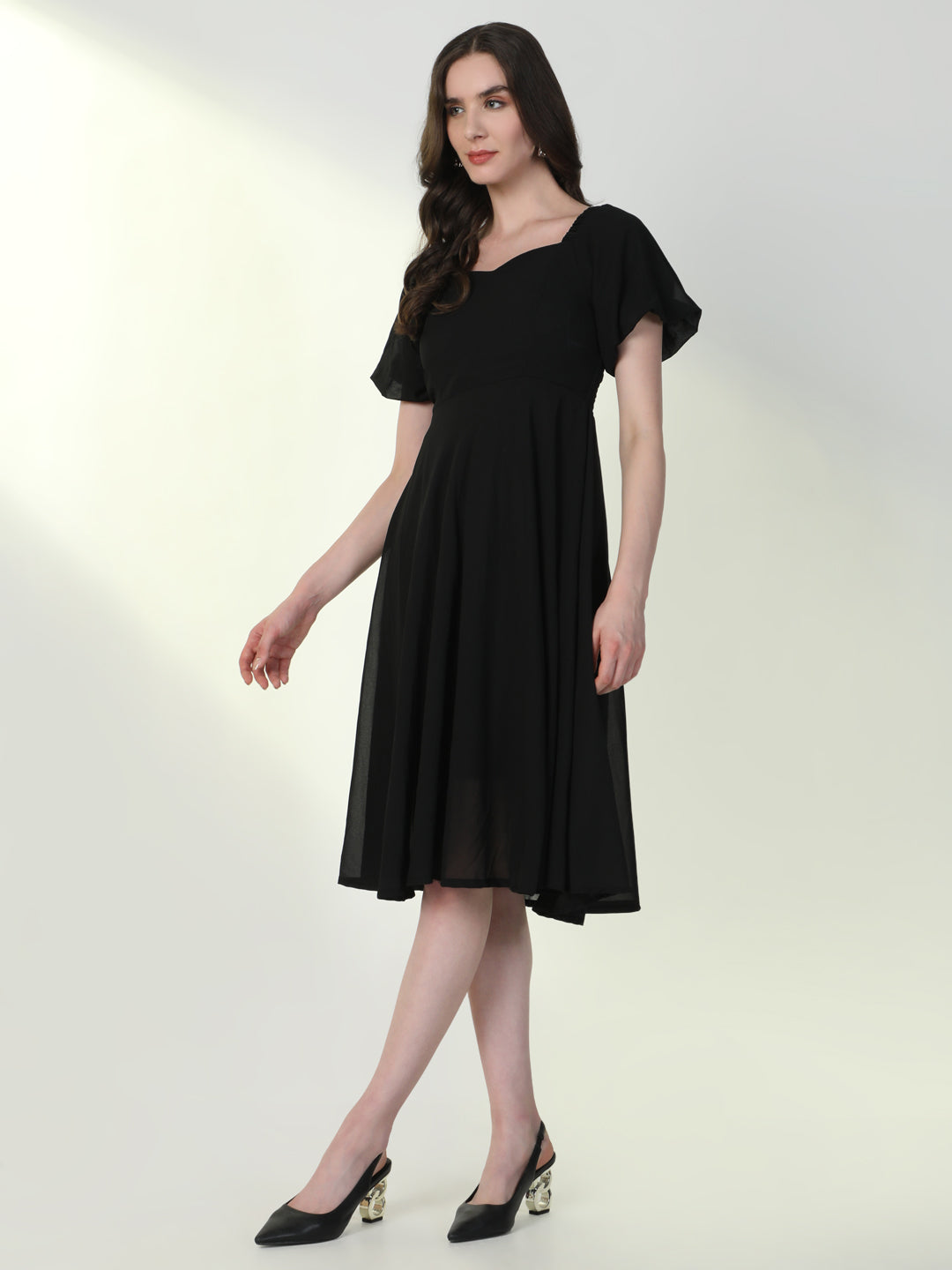 Women Solid Black Flared Dress