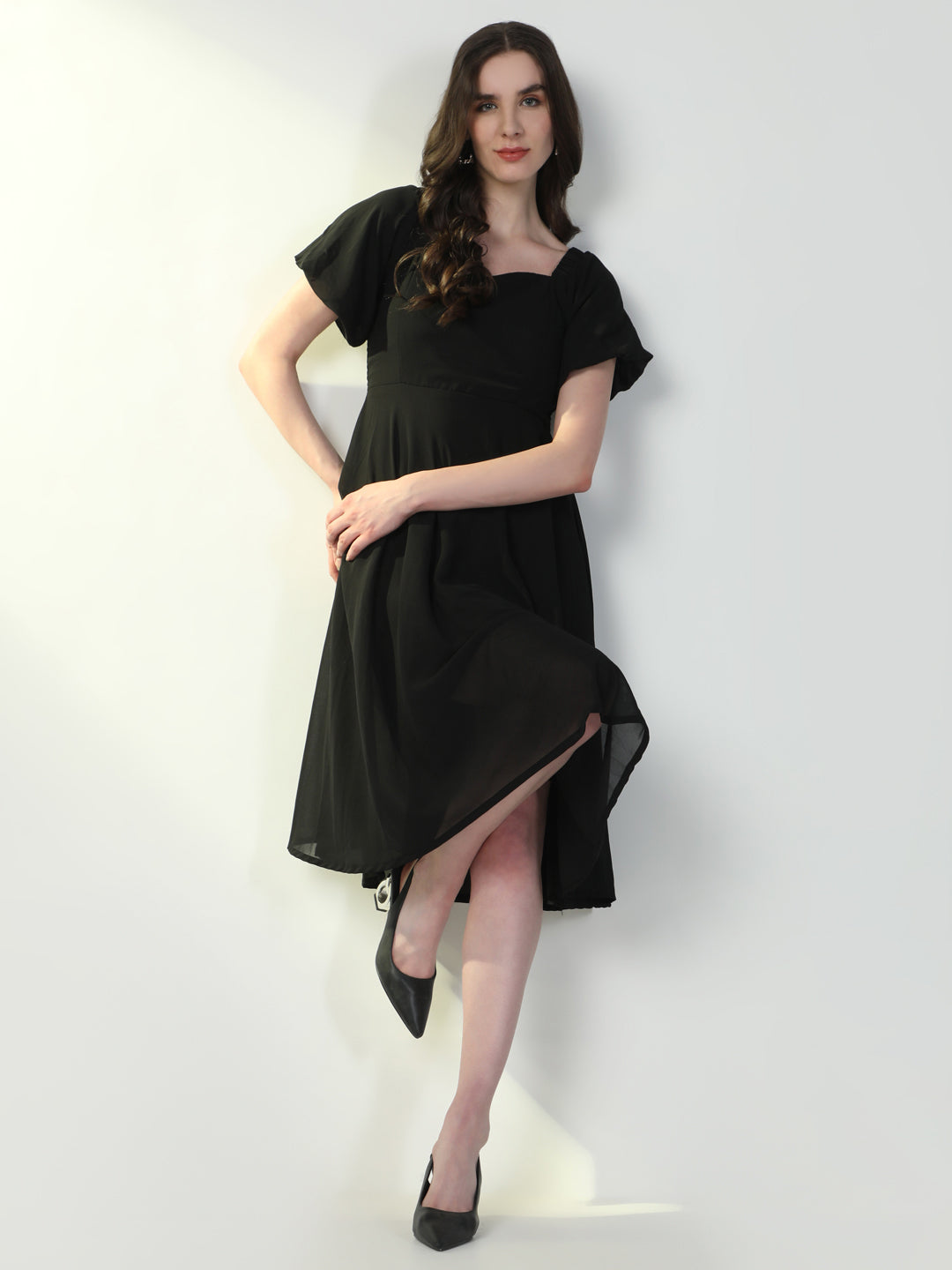 Women Solid Black Flared Dress