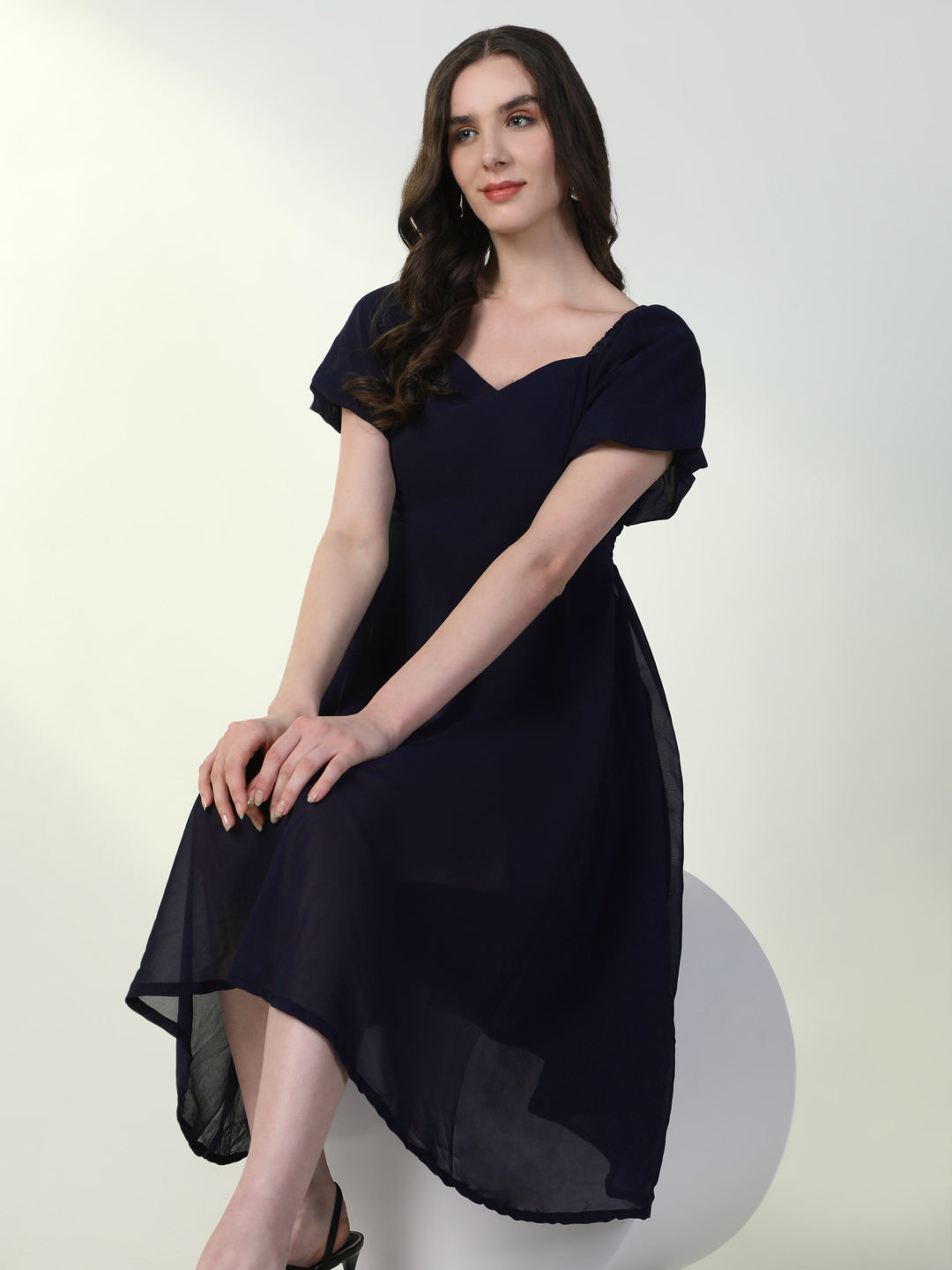 Women Solid Navy Blue Flared Dress