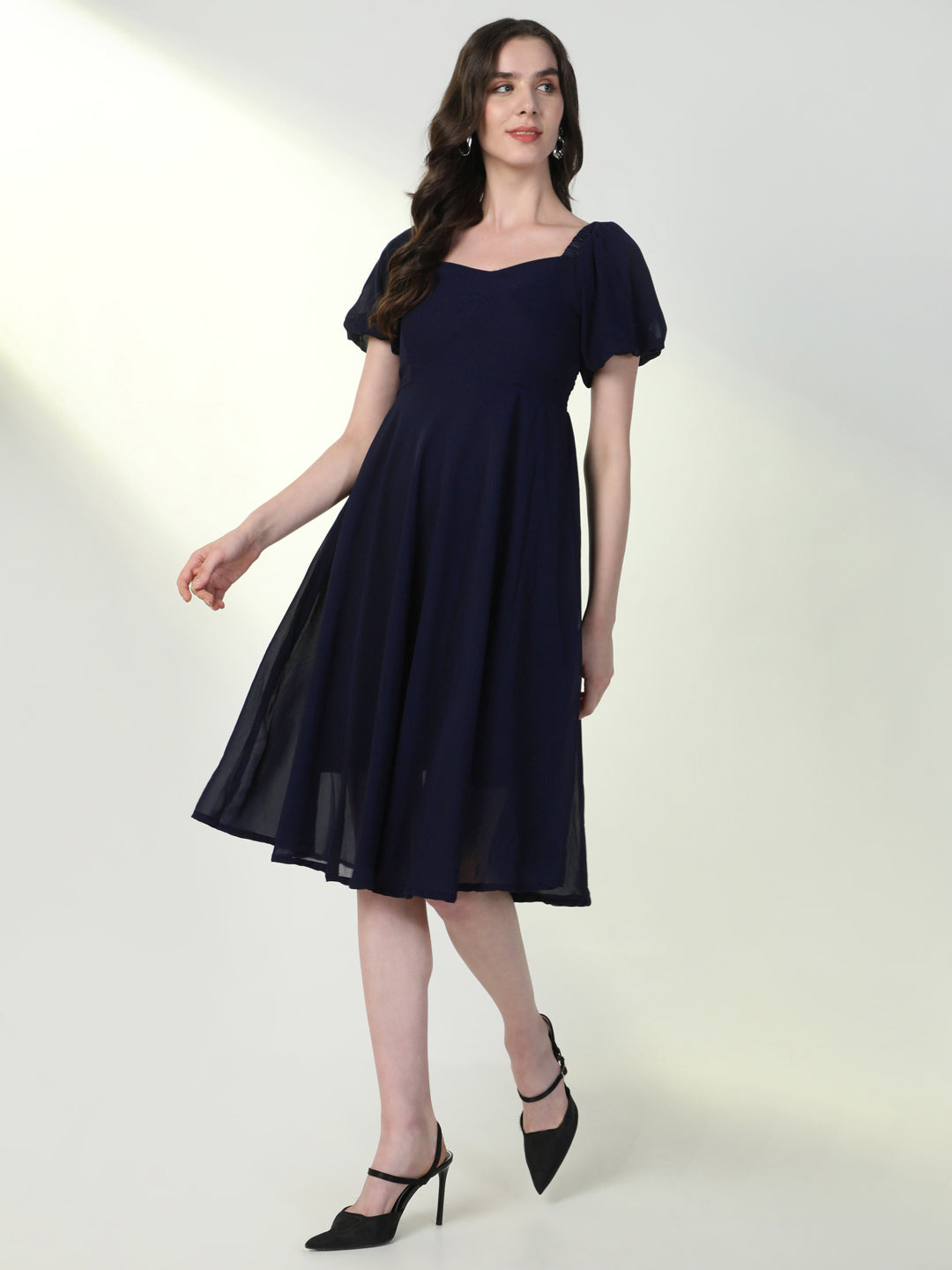 Women Solid Navy Blue Flared Dress