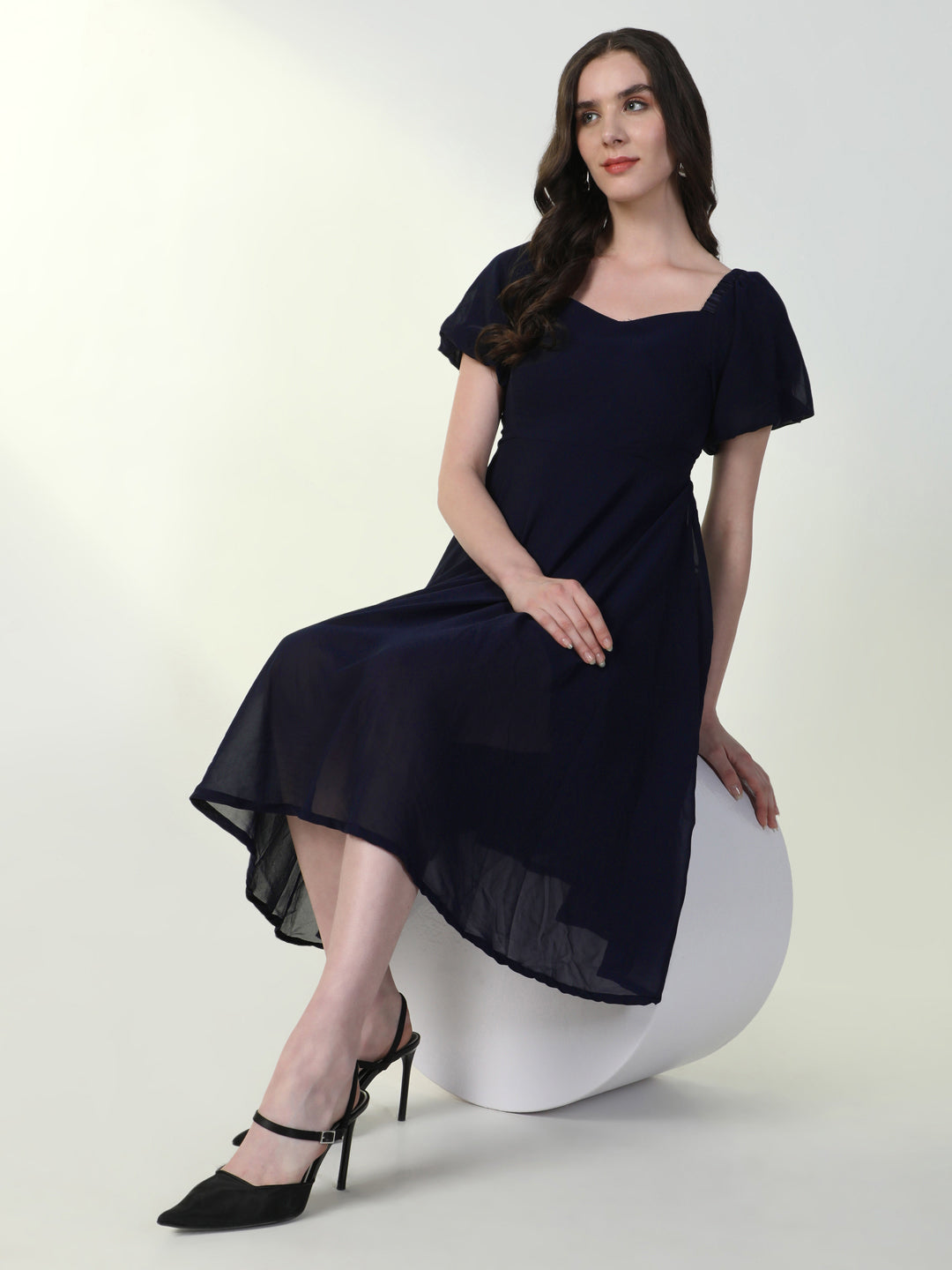 Women Solid Navy Blue Flared Dress