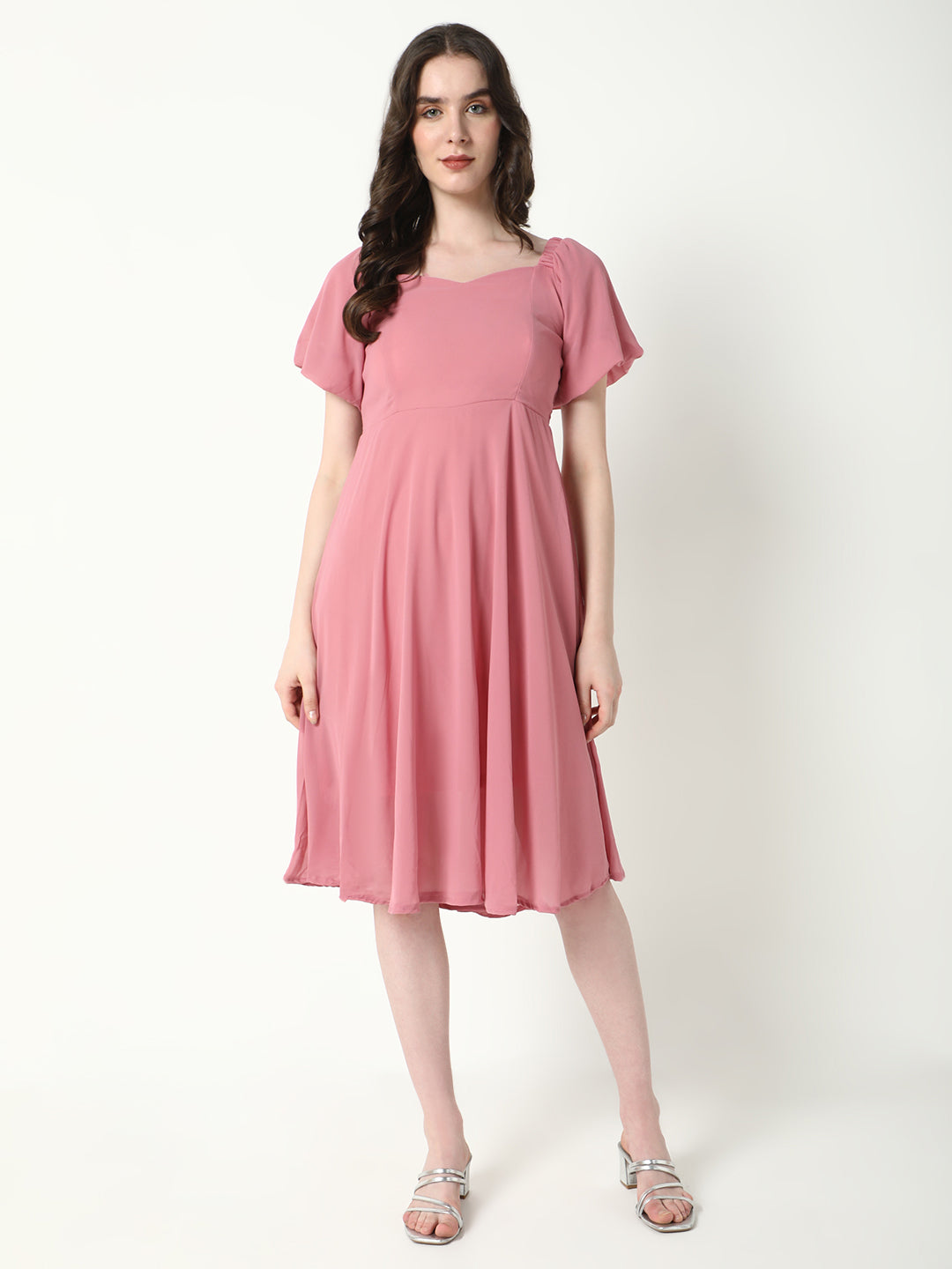 Women Solid Pink Flared Dress