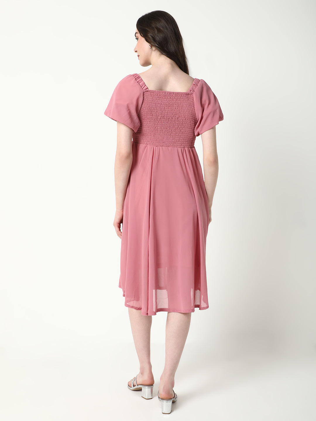 Women Solid Pink Flared Dress