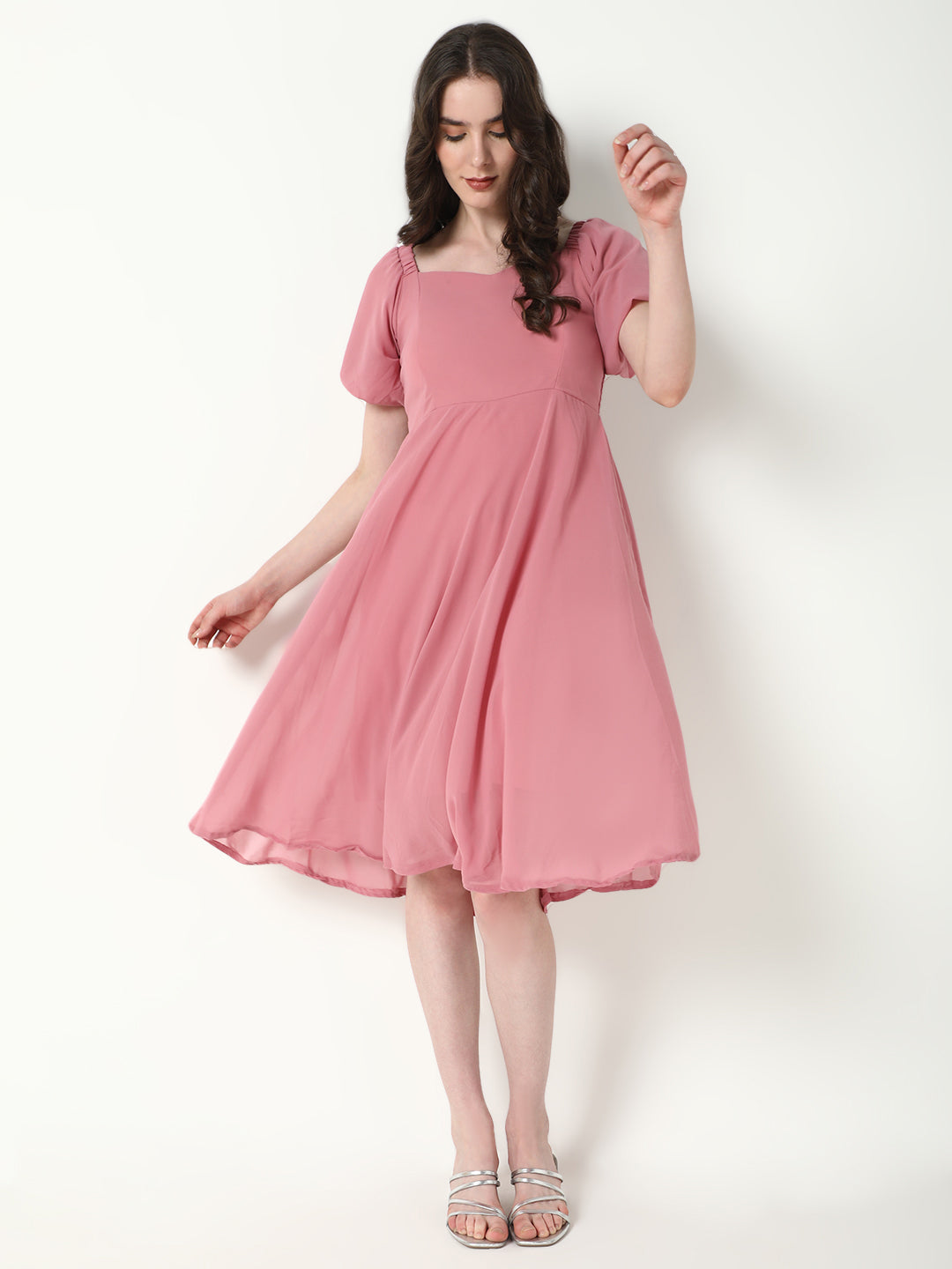 Women Solid Pink Flared Dress