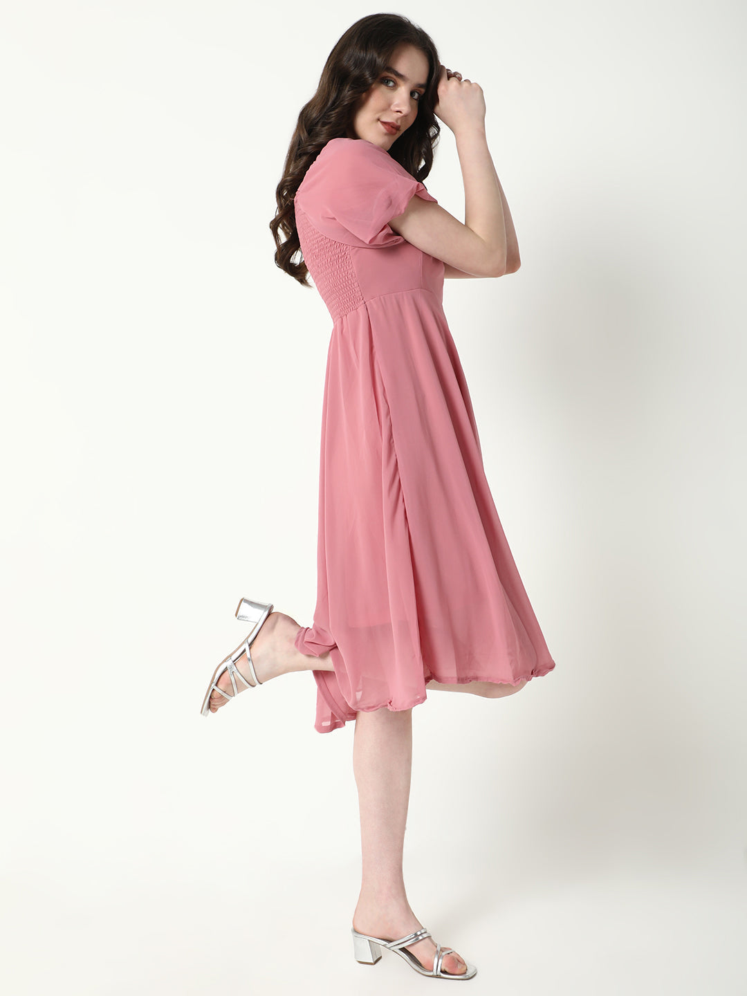 Women Solid Pink Flared Dress