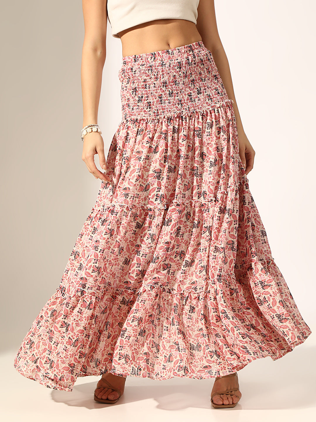 Women's Floral Printed Pink Smocked Waist Tiered Maxi Skirt