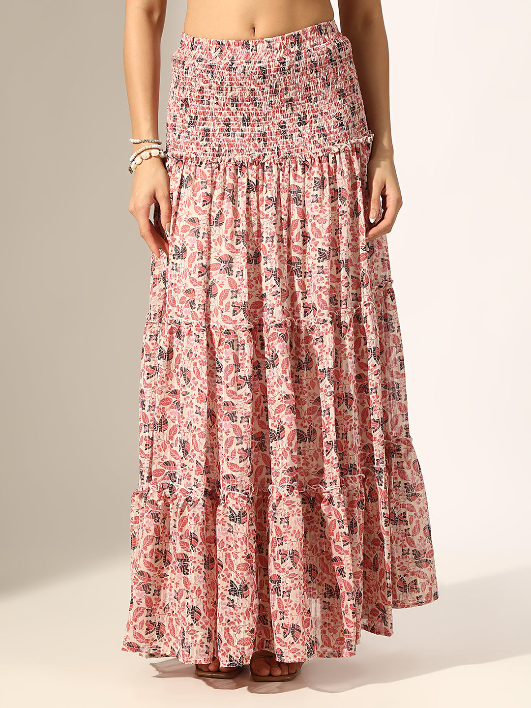 Women's Floral Printed Pink Smocked Waist Tiered Maxi Skirt