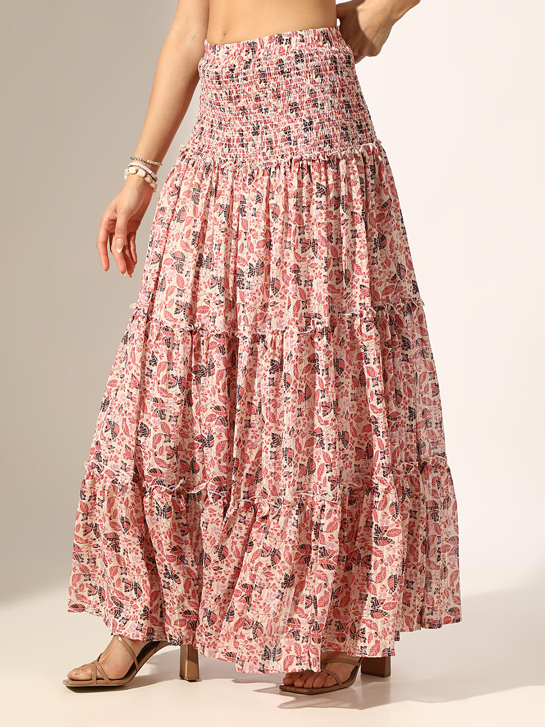 Women's Floral Printed Pink Smocked Waist Tiered Maxi Skirt