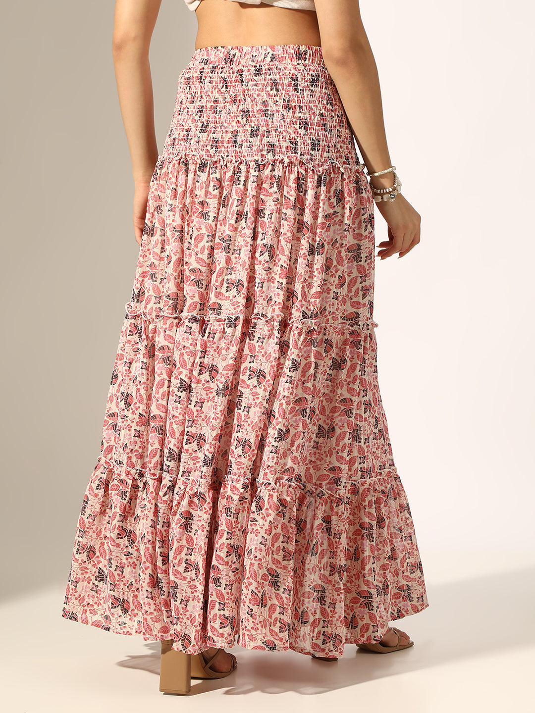 Women's Floral Printed Pink Smocked Waist Tiered Maxi Skirt
