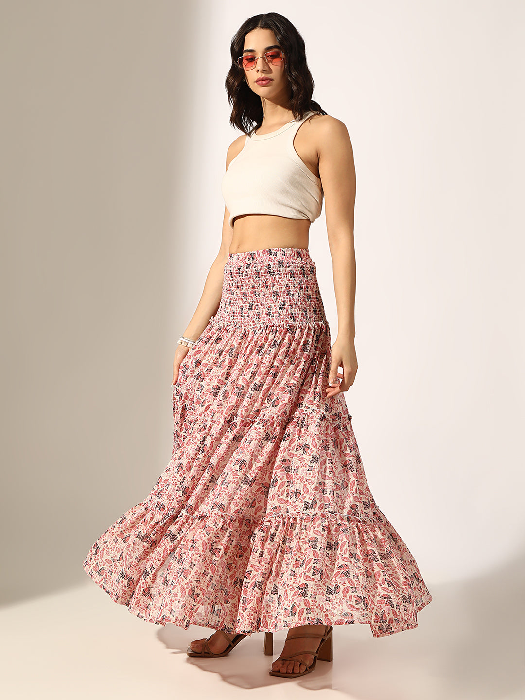 Women's Floral Printed Pink Smocked Waist Tiered Maxi Skirt